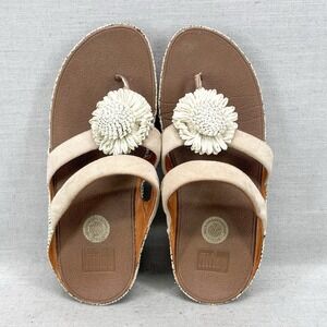 Fitflop Womens 9‎ Rosita Sandals Shoes Beige Raffia Flower Thong Wedge Comfort